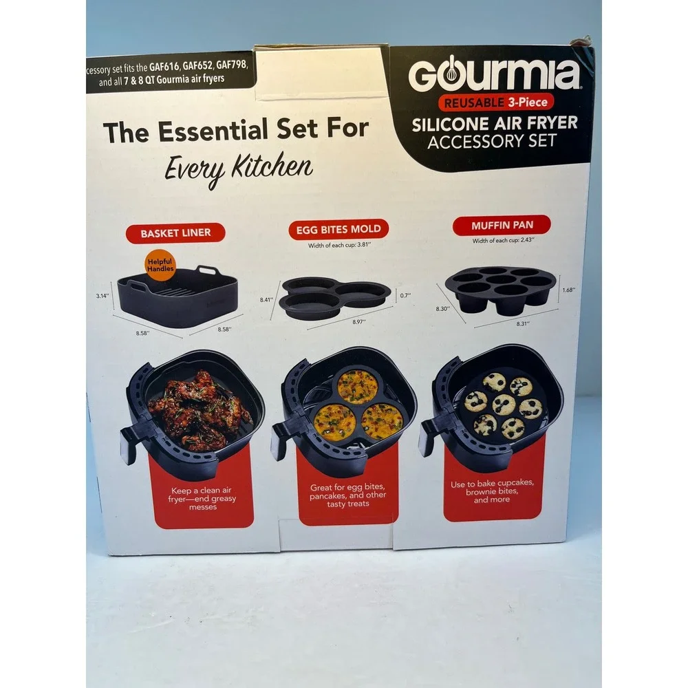 Gourmia 3 Piece Reusable Silicone Air Fryer Accessory Set GSI005 Black 7-8 QT